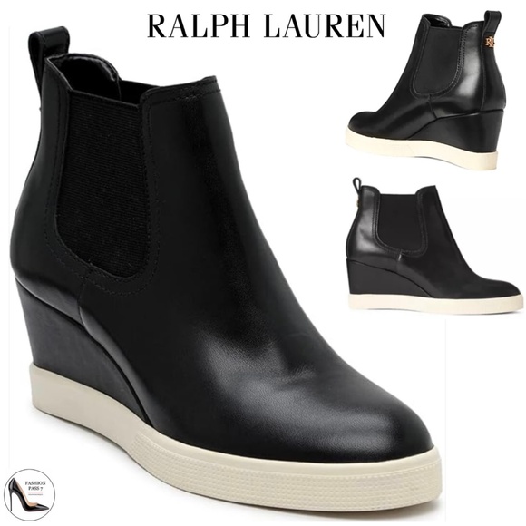 Ralph Lauren Reade Black Leather Wedge Sneaker Almond Toe Chelsea Heeled Booties - Picture 1 of 14